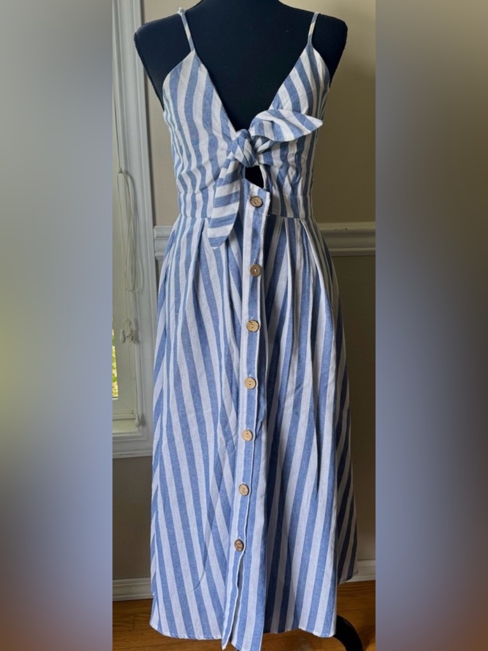 Gorgeous Linen blend Blue and White Striped Tie-Front Bust Maxi Dress